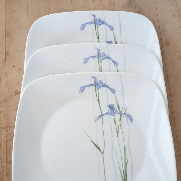 3 Corelle Shadow Iris Square Dinner Plates Corning Purple Flowers 10.5" Plates - Picture 3 of 5